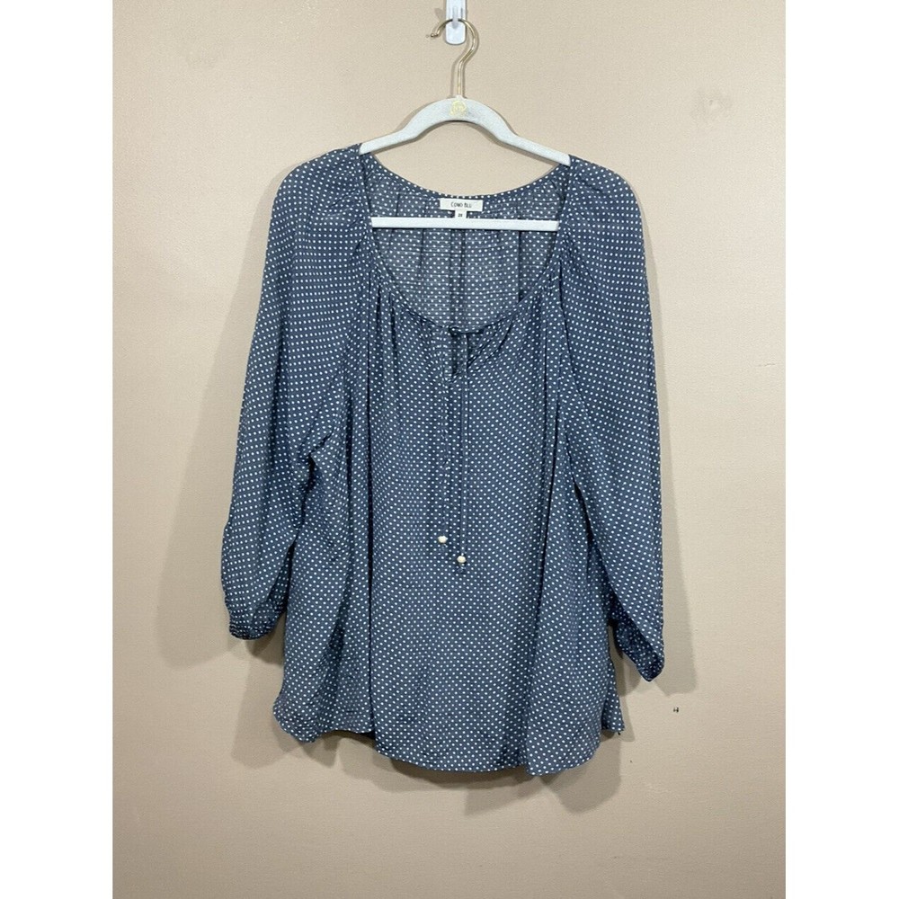 Womens Polka Dot Peasant Shirt Size 2X Blue White Coastal Minimalist Flowy Beach